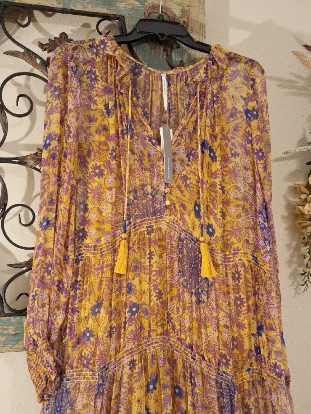 Anthropologie Mustard Yellow/Lavender Floral Tiered Maxi Dress. Size Medium NWT - Picture 7 of 15